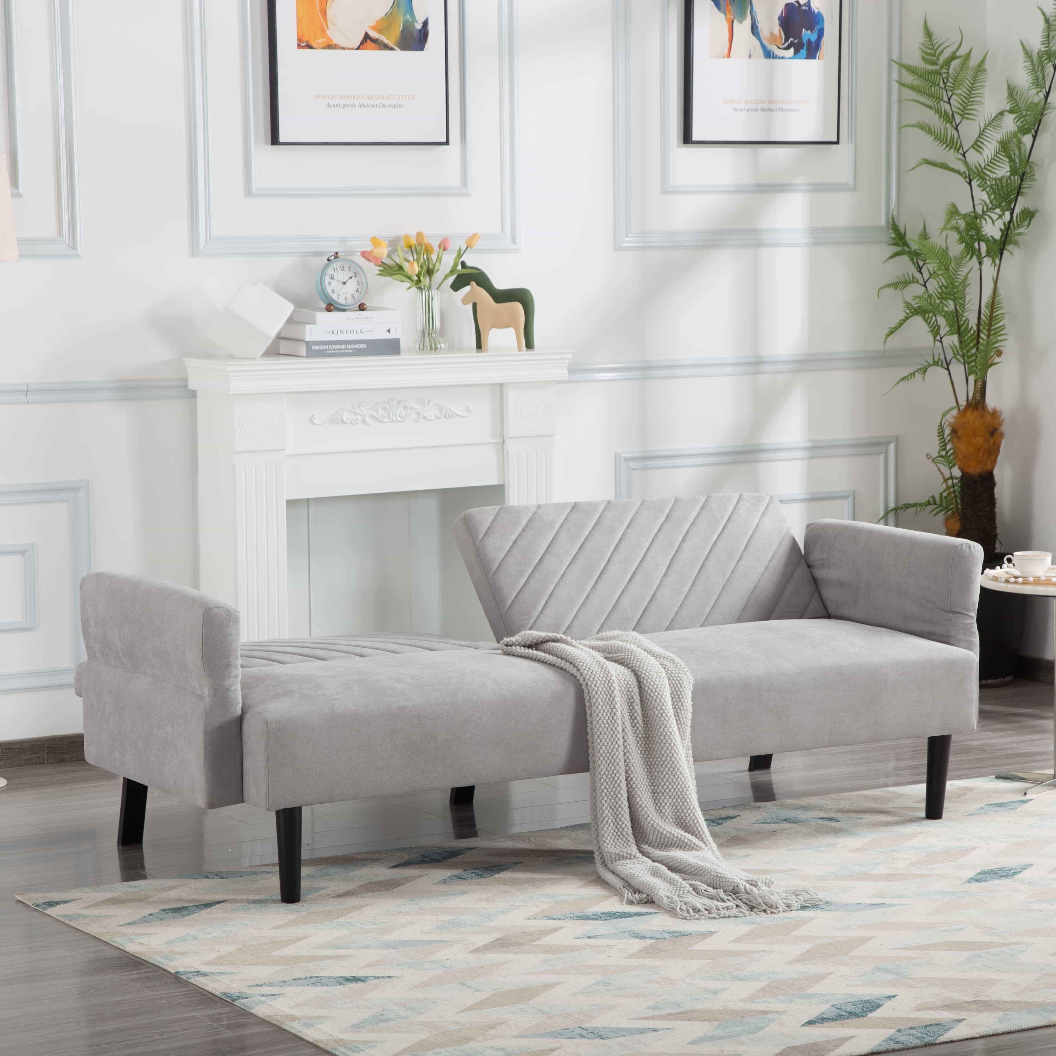 BSHTI 76.8”Tufted Back Futon Sofa,Twin Size Convertible Sleeper,with 5 Adjustable Backrest Positions and Adjustable Armrest,Perfect for Small Spacesc(Light Gray)