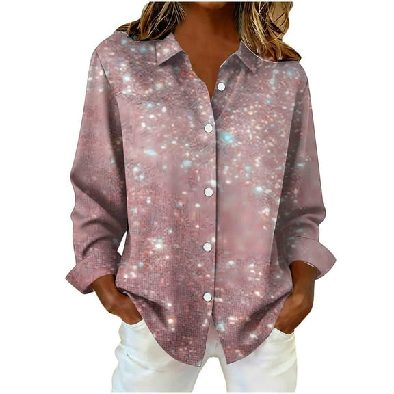 FNFYFH Sequin Tops for Women Plus Size Sparkly Button Down Shirt Long Sleeve Sequin Top Casual Party Club Clothes