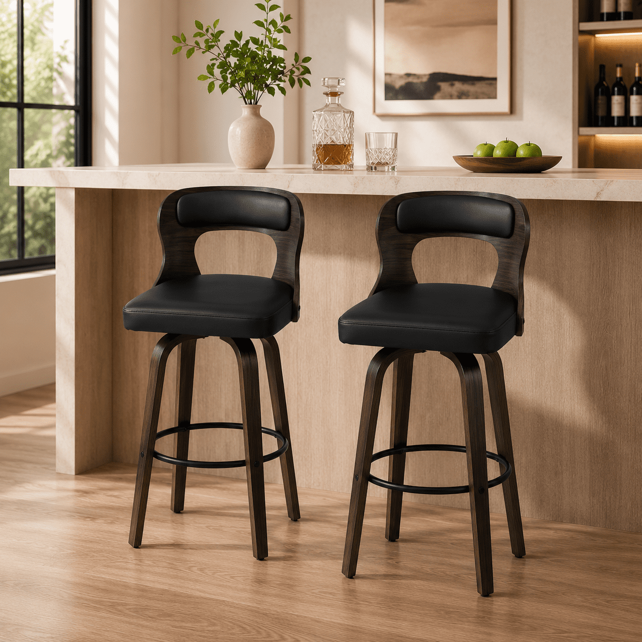 MOONMISS Bar Stools Set of 2, 29" Swivel Counter Height with Bentwood Legs and Back,Mid Century Modern Faux Leather Upholstered Counter Stools,Black
