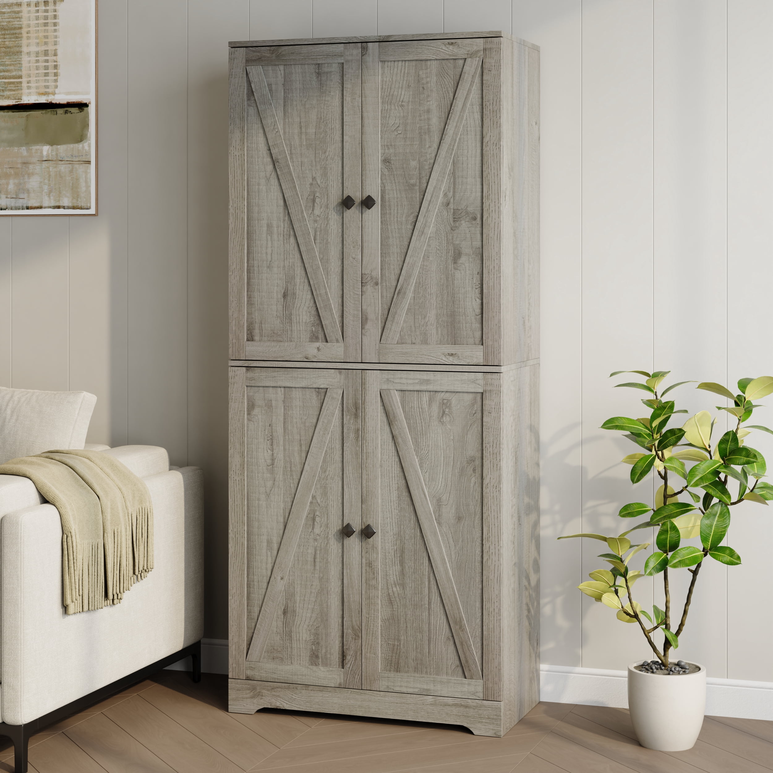 YouTrend 72'' Farmhouse Kitchen Pantry Cabinet with 4 Barn Doors,Storage Cabinet W/ 4 Shelves for Living Room,Kitchen,Bathroom,Office,Gray