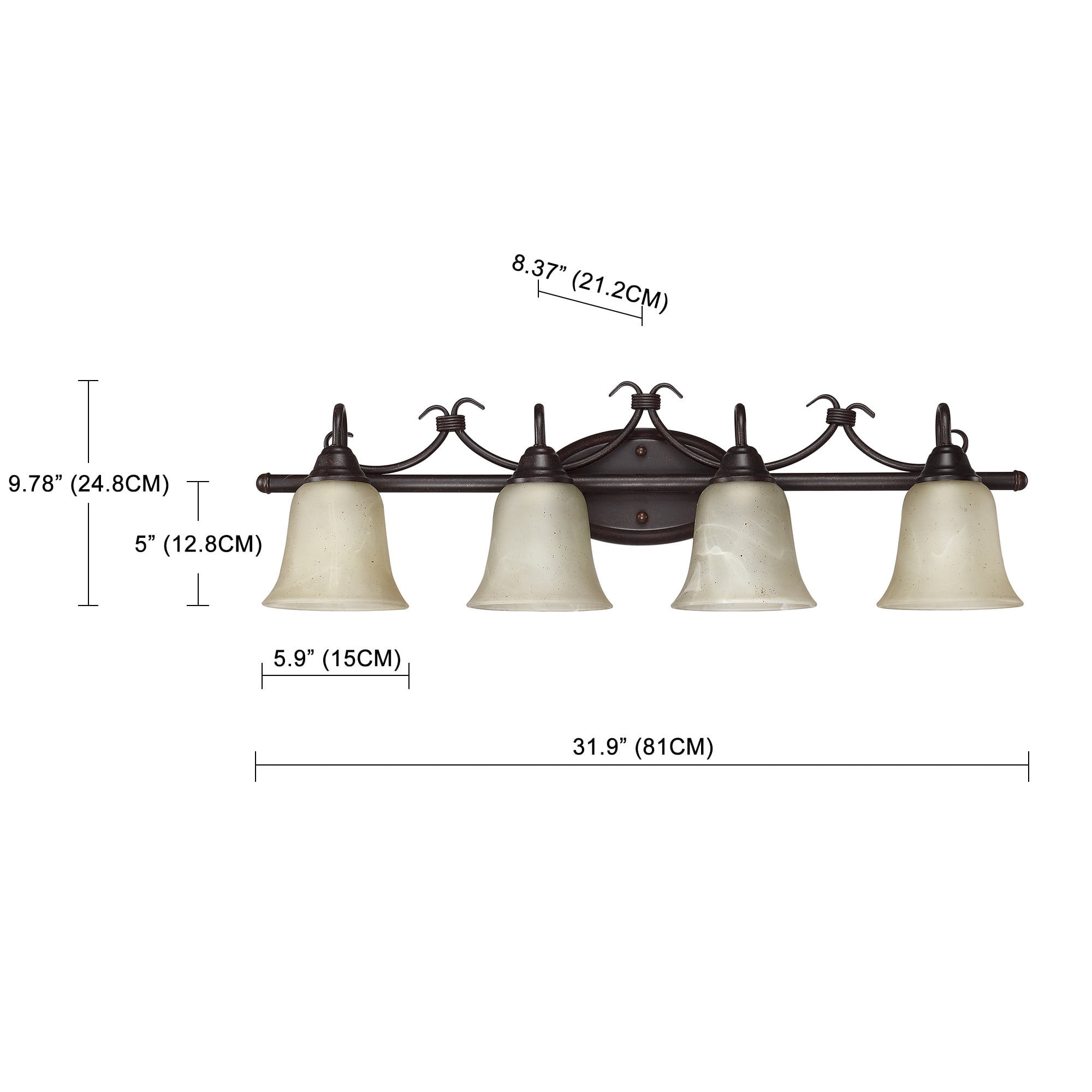 4-Light Bronze Bathroom Light, Retro Bathroom Light Fixtures with White Opal Glass Bell Shape Shades