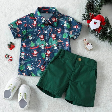 

FZM Christmas Toddler Boys Christmas Short Sleeve Cartoon Santa Prints T Shirt Tops Shorts Child Gentleman Outfits