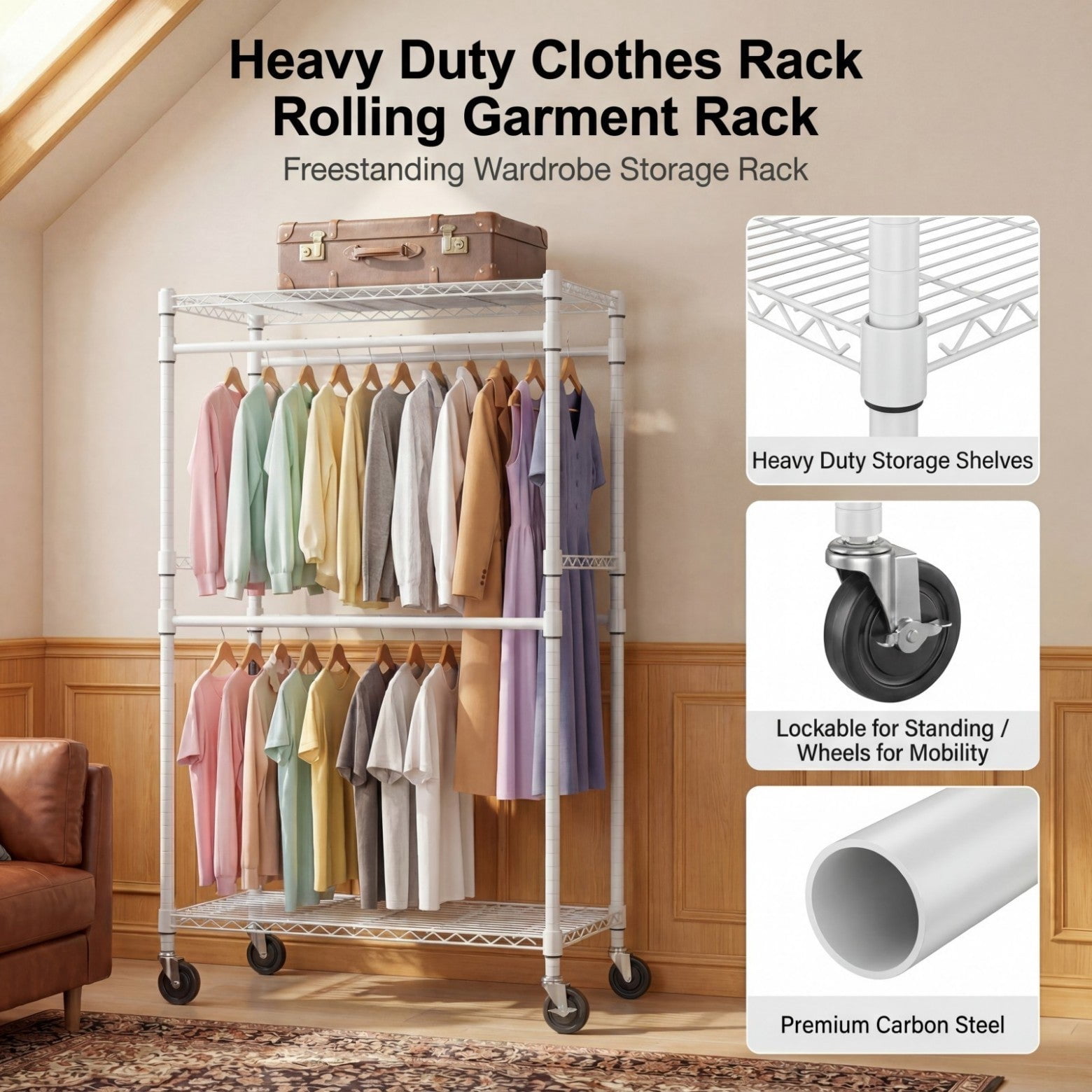Sailvan Heavy Duty Rolling Clothing Rack, 300LBS Capacity Garment Rack with 4 Hanging Rods & 2 Shelves, Portable Closet, 35.5"W x 80"H,White
