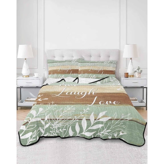 Quilts Twin XL Size, Teal Brown Botanical Soft Comforter Bedding Set for Bed, Farmhouse Wooden Leaves Lightweight Quilted Bedspread with Pillow Cover(2 Pieces) for All Season, 68x98 Inch