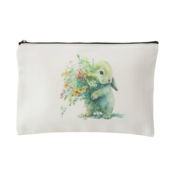 Unique Bargains 1 Pc Durable Rabbit Flower Pattern Makeup Bag White Canvas