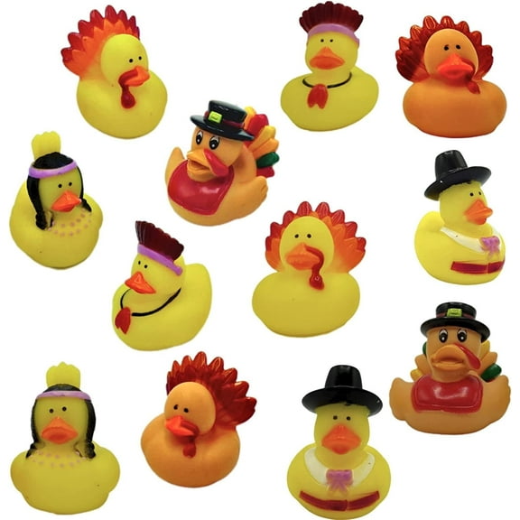 4E's Novelty Thanksgiving Rubber Duckies 12 Pack Turkey & Fall Character Ducks Party Favors Bath Toys Decorations