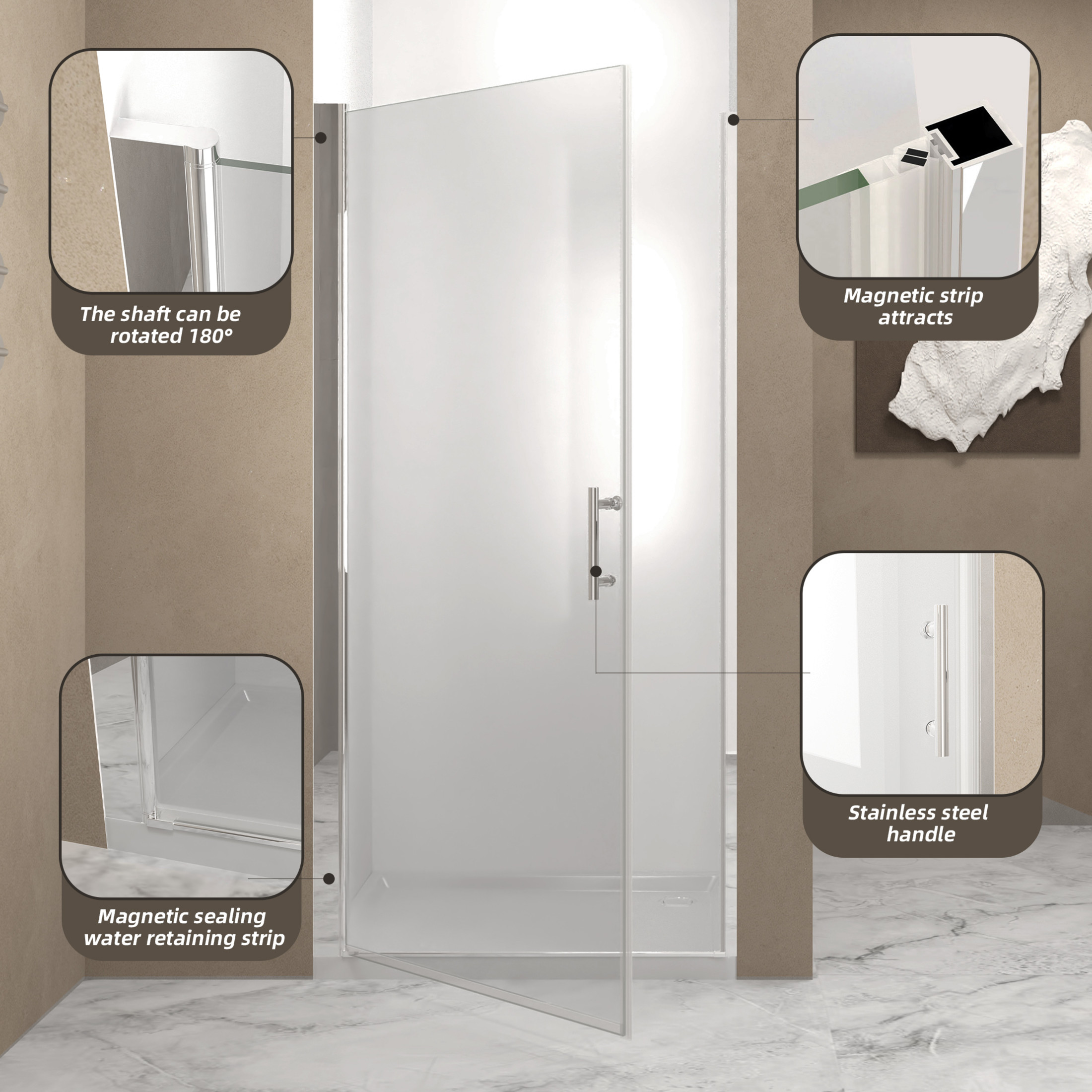Noble House 28"x72" Pivot Shower Door, Aluminum Frame with Tempered Glass, Stainless Steel Handle, Chrome