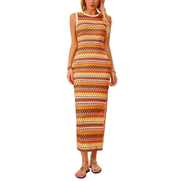 PRETTYGARDEN Womens Summer Sleeveless Tank Dress Crew Neck Striped Side Slit Bodycon Casual Maxi Dresses