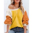 thumbnail image 2 of Sudadera de lana difusa con cuello redondo para mujer, informal, de moda, con manga larga abombada, color block, Tops amarillo S, 2 of 6