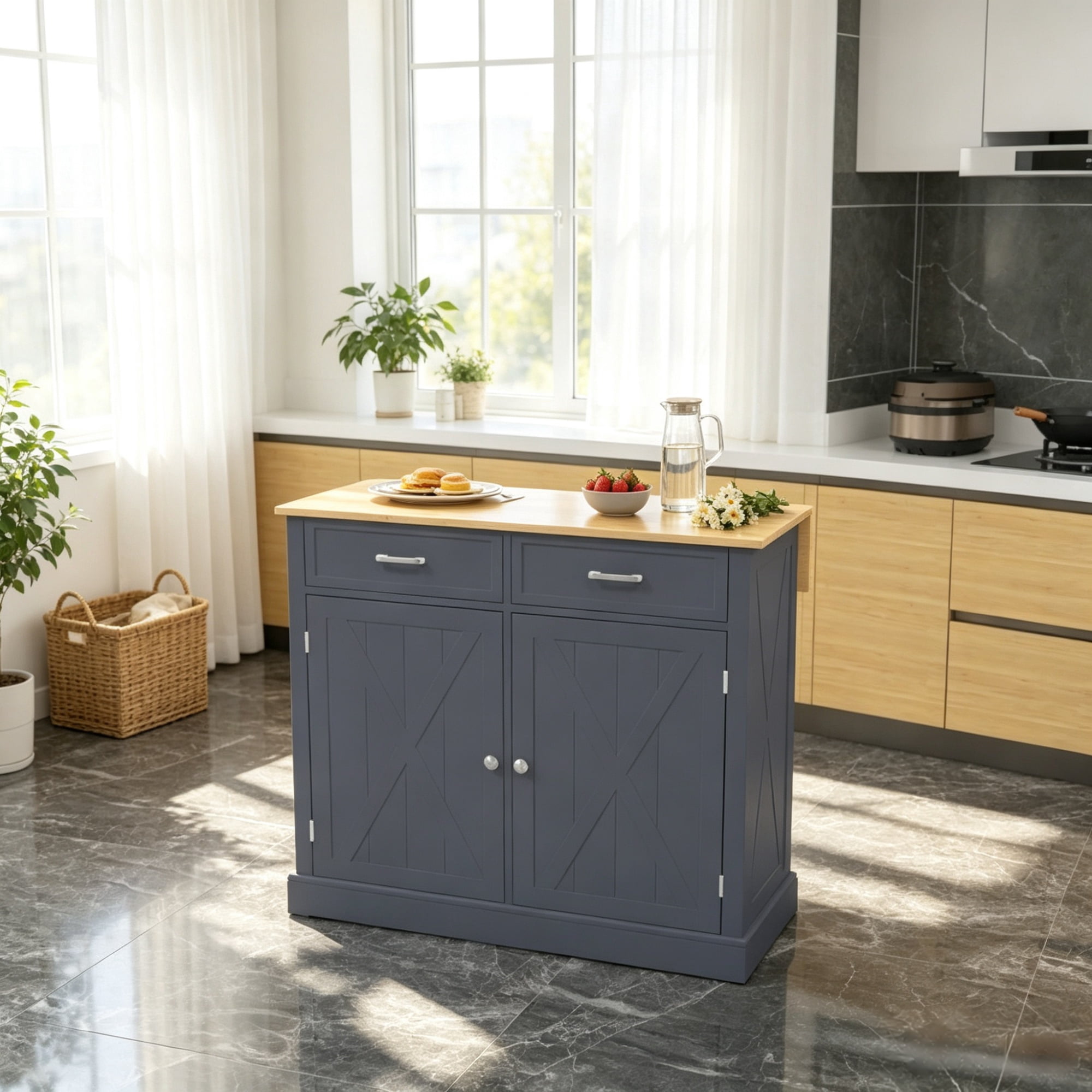 Farmhouse Kitchen Cart, Rolling Island with Drop Leaf Wood Breakfast Bar, 2 Drawers & Adjustable Shelves, Dark Gray