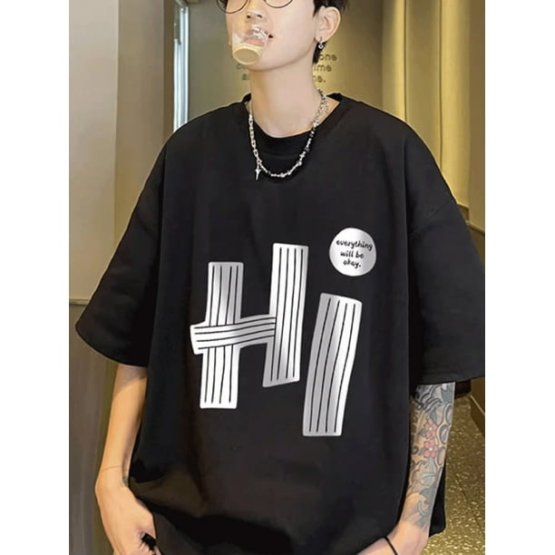 Camiseta de verano lavable a máquina. Camiseta de algodón para hombre con estampado de letras. Camiseta informal de manga corta holgada para verano. Lavable a máquina.