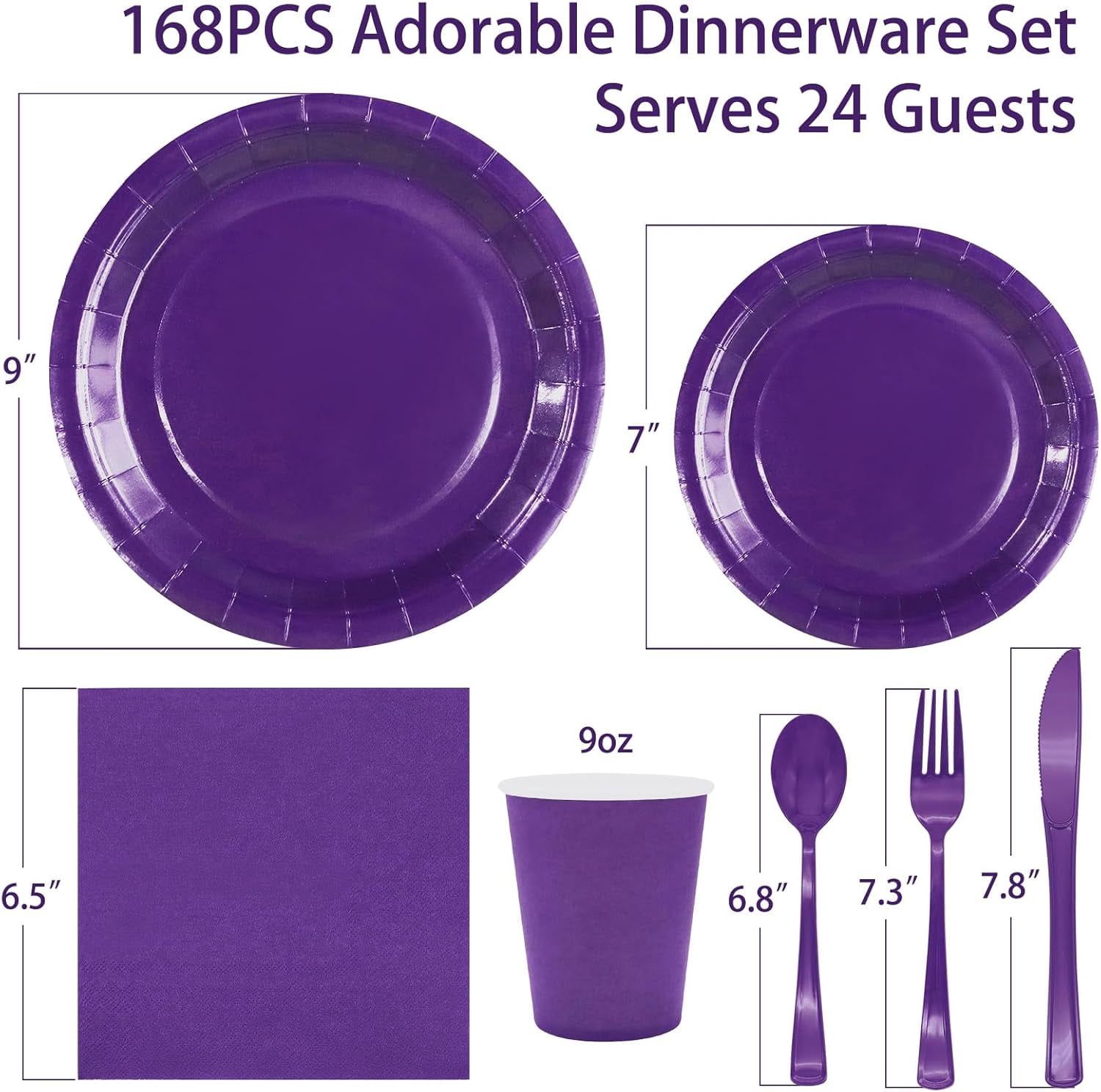 Purple Paper Plates Party Supplies, 168pcs Purple Plates and Cups and Napkins Set for Mardi Gras, Birthday, Halloween, Graduation Parties