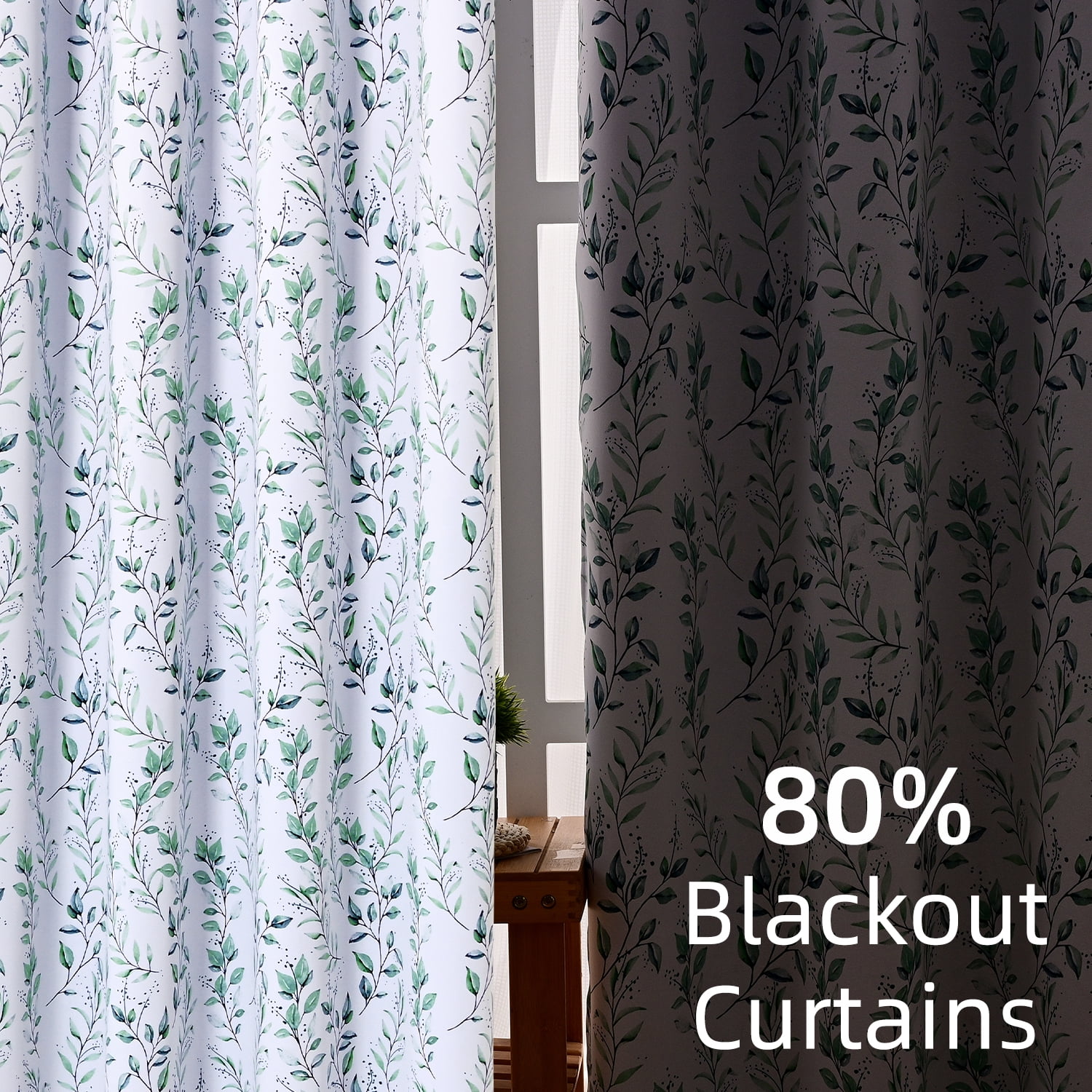Alishomtll Blackout Curtains Green Leaf Printed Thermal Insulated Window Drapes for Bedroom Living Room 84 Inches Long,52" Wide, 2 Panels