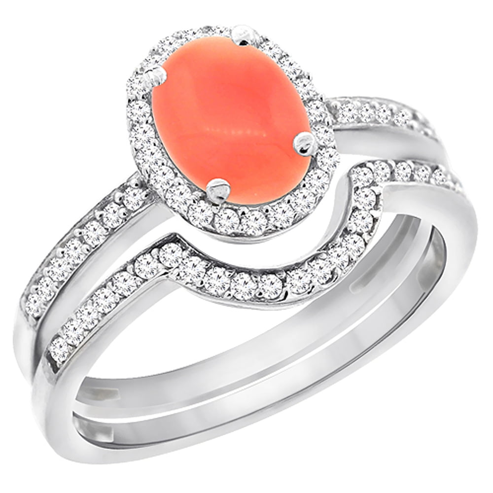 14K White Gold Diamond Natural Coral 2-Pc. Engagement Ring Set Oval 8x6 mm, size 6.5 by Gabriella Gold
