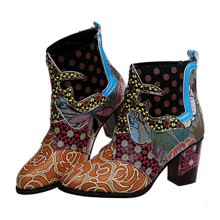 

Inkach Retro Women Suqare Heels Zipper Flower Print Short Booties Round Toe Shoes