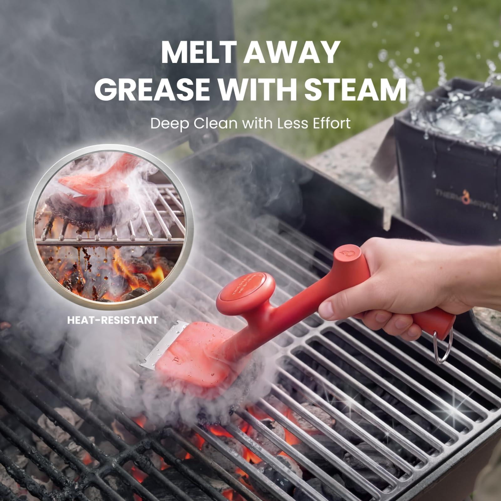 Bristle-free BBQ Grill Brush - 17" Cool-touch Handle, Scraper & 3 Replaceable Heads for Gas Charcoal Cast Iron