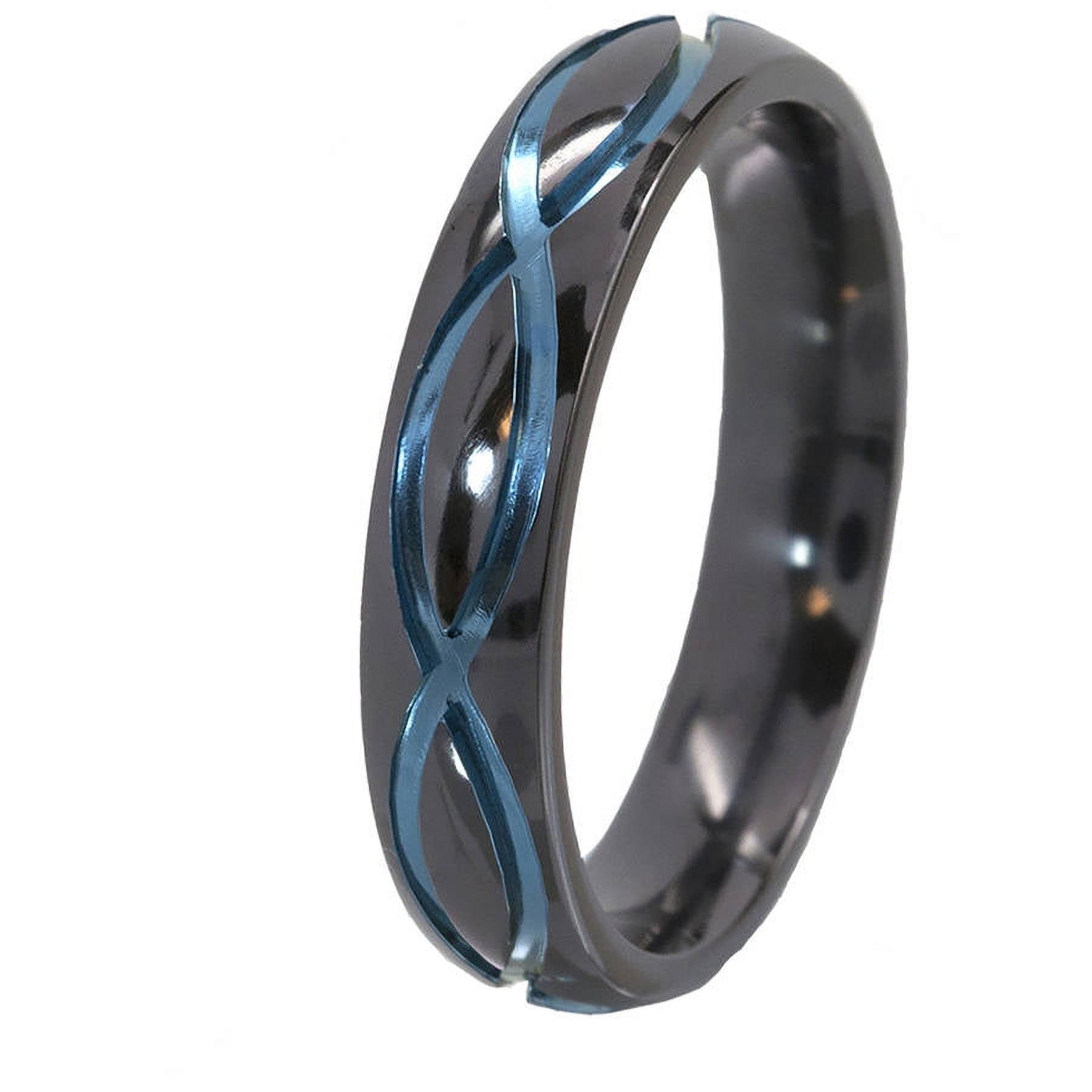5mm Half-Round Black Zirconium Ring with the Infinity Symbol Anodized in Blue