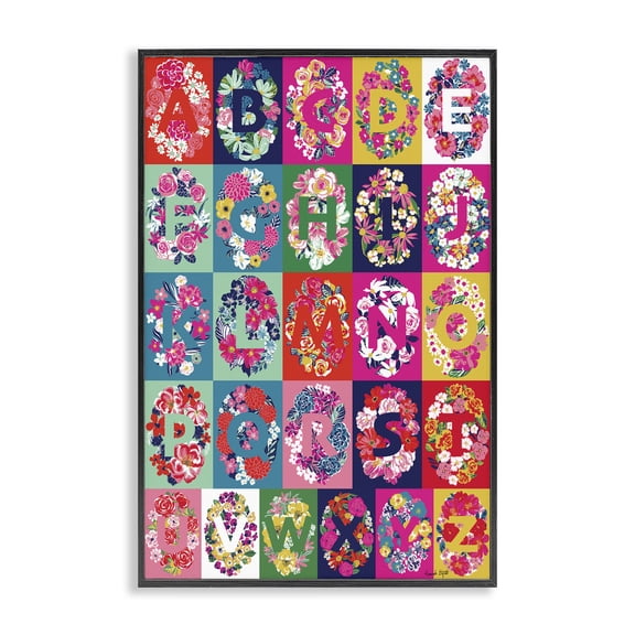 Stupell Industries Energetic Blooms Alphabet Plants & Flowers Painting Black Framed Art Print Wall Art, 12 x 18