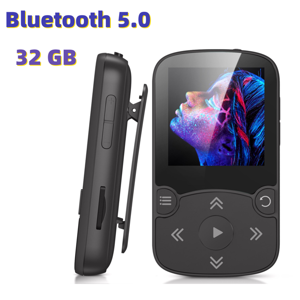 AGPTEK MP3 Player with Clip, Bluetooth, A65X 32GB, Black