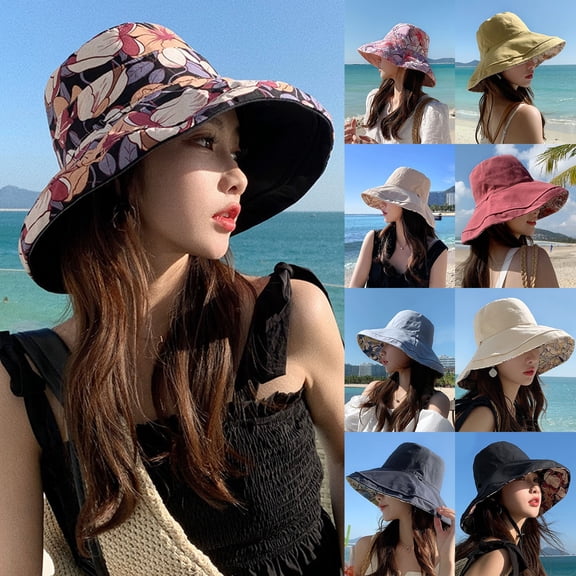 Helii Women's Reversible Wide Brim Bucket Hat, UPF 50 Double Sided Sun Hat, Foldable Floral Beach Hat with Chin Strap for Summer Vacation Travel Black,One Size
