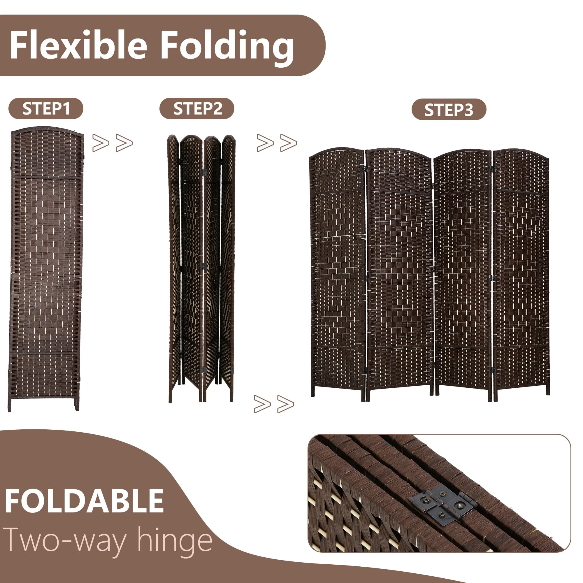 YRLLENSDAN 6ft Tall Room Divider Screen with 4 Panels, Wood Room Dividers and Folding Privacy Screens, Wall Divider for Livingroom, Brown