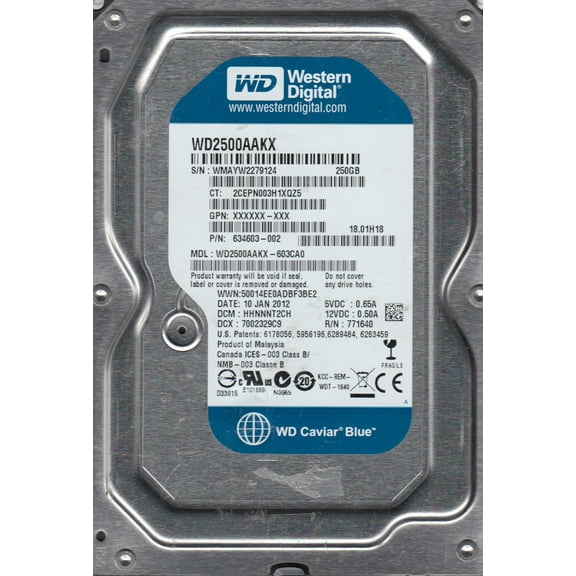 WD2500AAKX-603CA0, DCM HHNNNT2CH, Western Digital 250GB SATA 3.5 Hard Drive