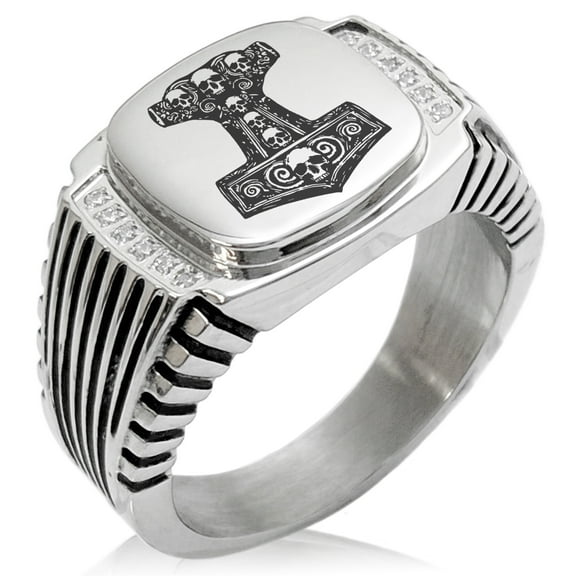 Stainless Steel Mjolnir Thor's Black Skull Hammer CZ Ribbed Needle Stripe Pattern Biker Style Polished Ring