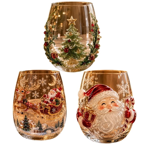 Qocolcyl 3D Embossed Glass Stemless Wine Cup Santa Reindeer Christmas Tree Snowflake Candle Holder, Indoor Outdoor Tabletop Festive Decor, Xmas Christmas Decorations Ornament Holiday Gift