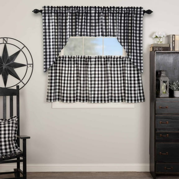 VHC Brands Annie Buffalo Check 4 PC Country Black Curtain Set (2 Swag 36x16 and 2 Tier 24x36)