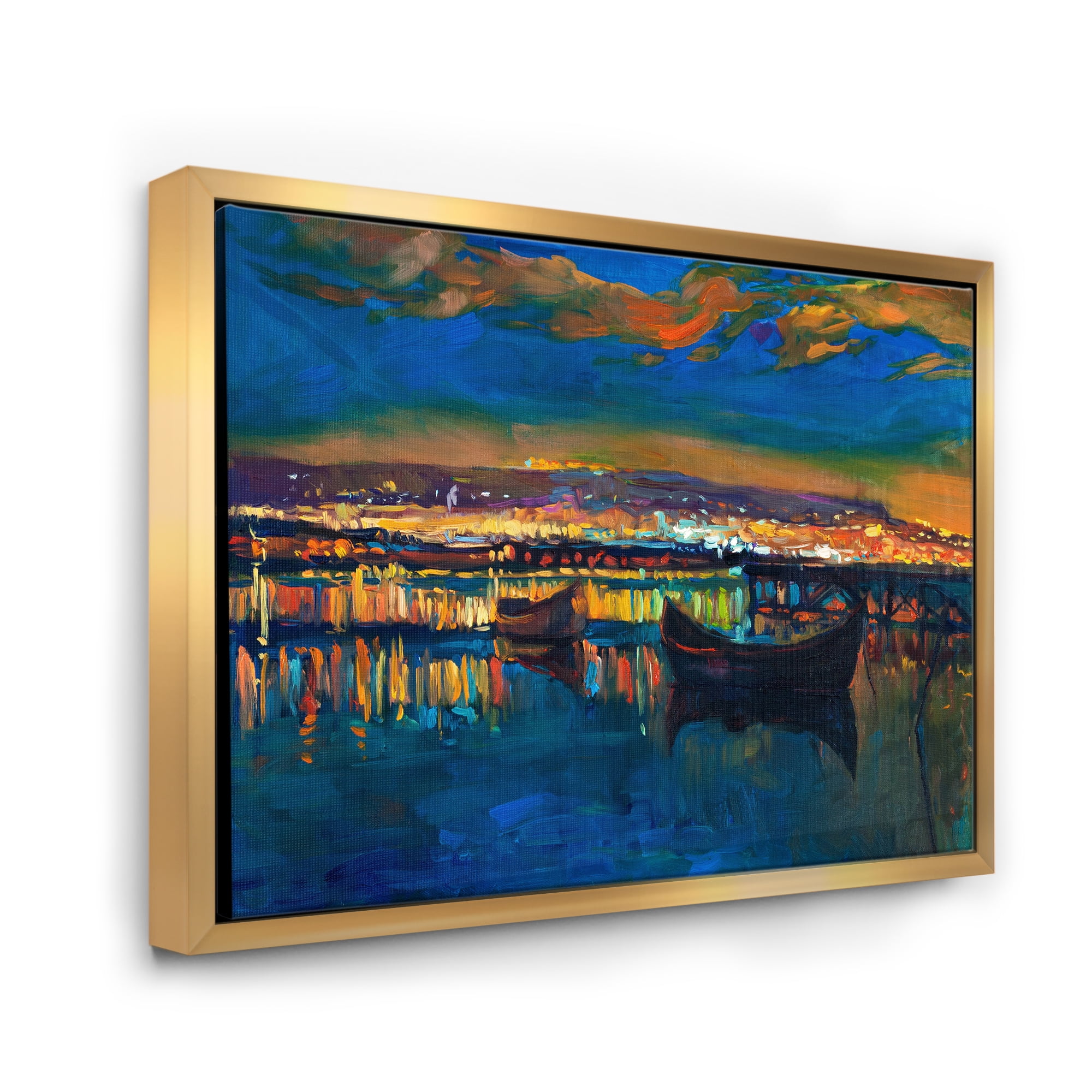 Two Little Boats In The Village Harbor At Night 32 in x 16 in Framed Painting Canvas Art Print, by Designart