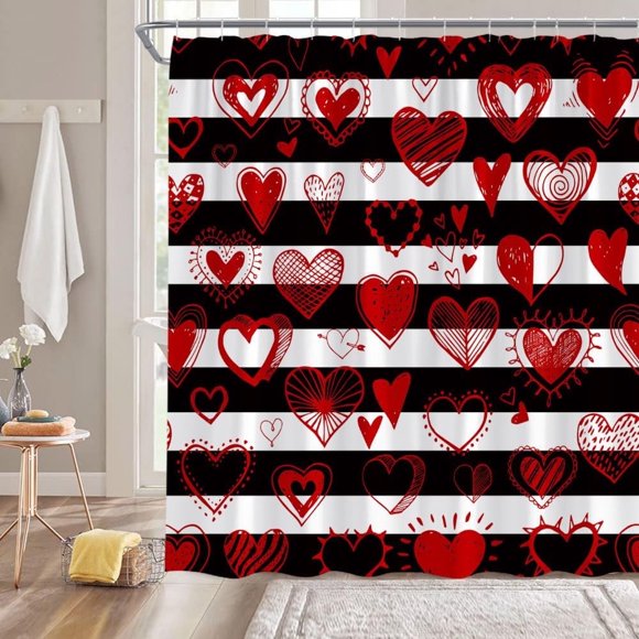 Rideau de Douche Saint-Valentin Rouge Cœur Doux Rayures Noires Blanches Couple Amoureux Couple Mode Moderne Festival Tissu Décoration de Salle de Bain avec Crochets