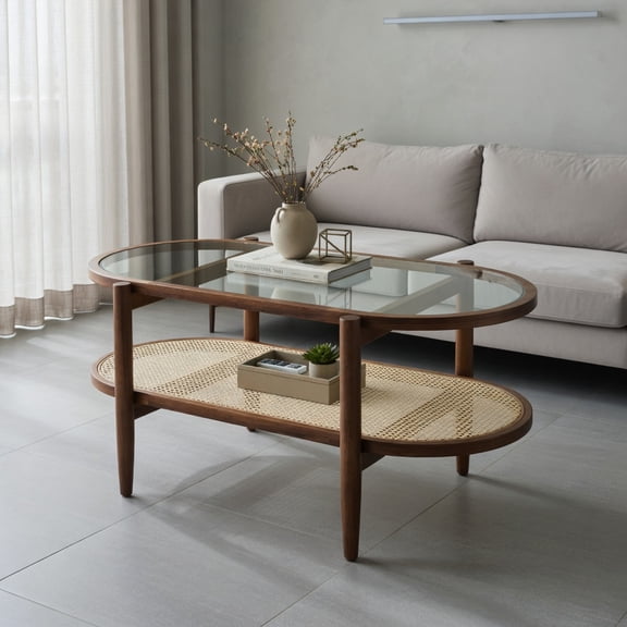 Resenkos 2-Tier Coffee Table – Tempered Glass Top & Acacia Wood Frame, Brown