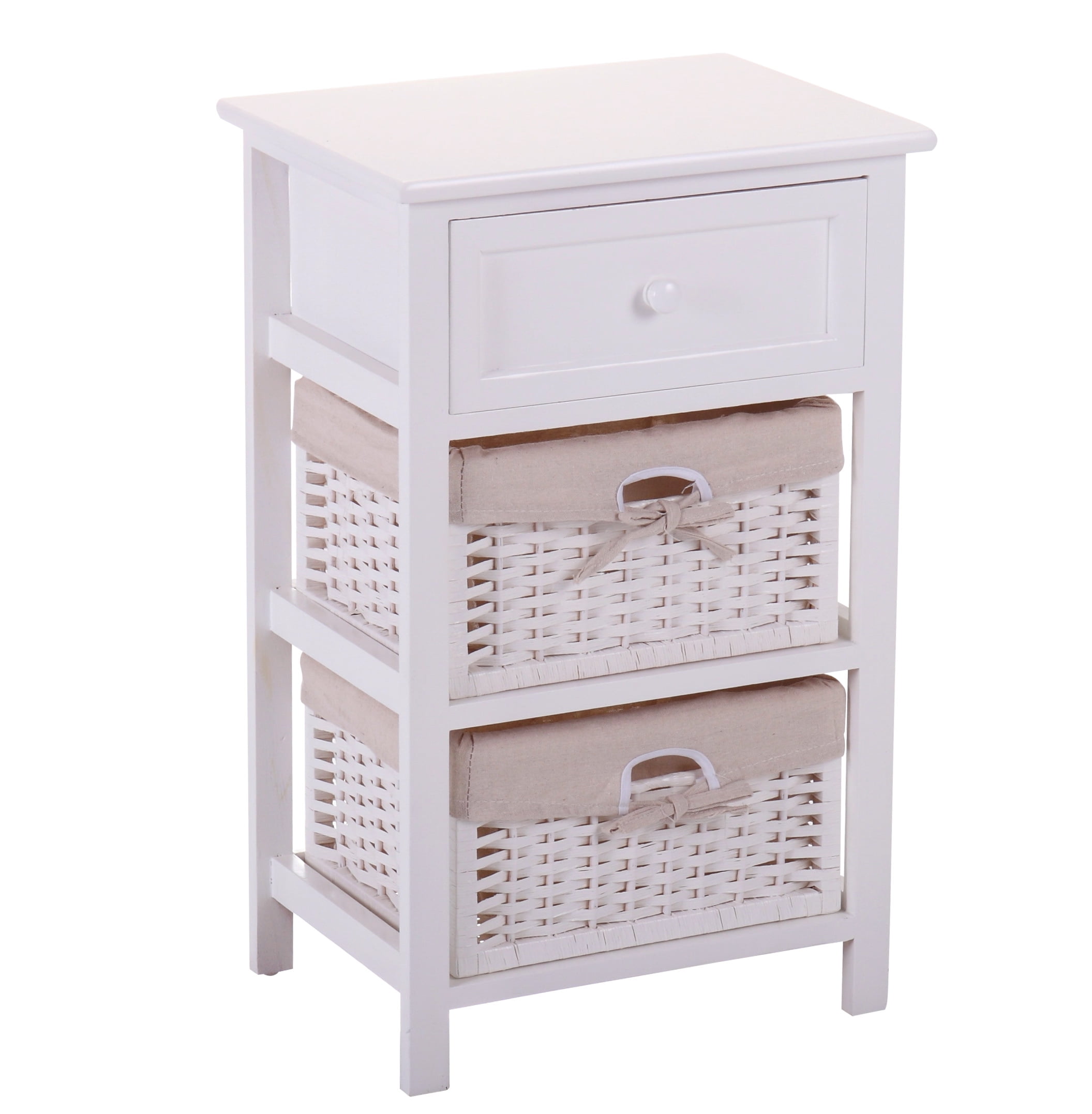 White Wooden Beside Nightstand Table with Drawer Tall Baskets Bedroom Furniture 