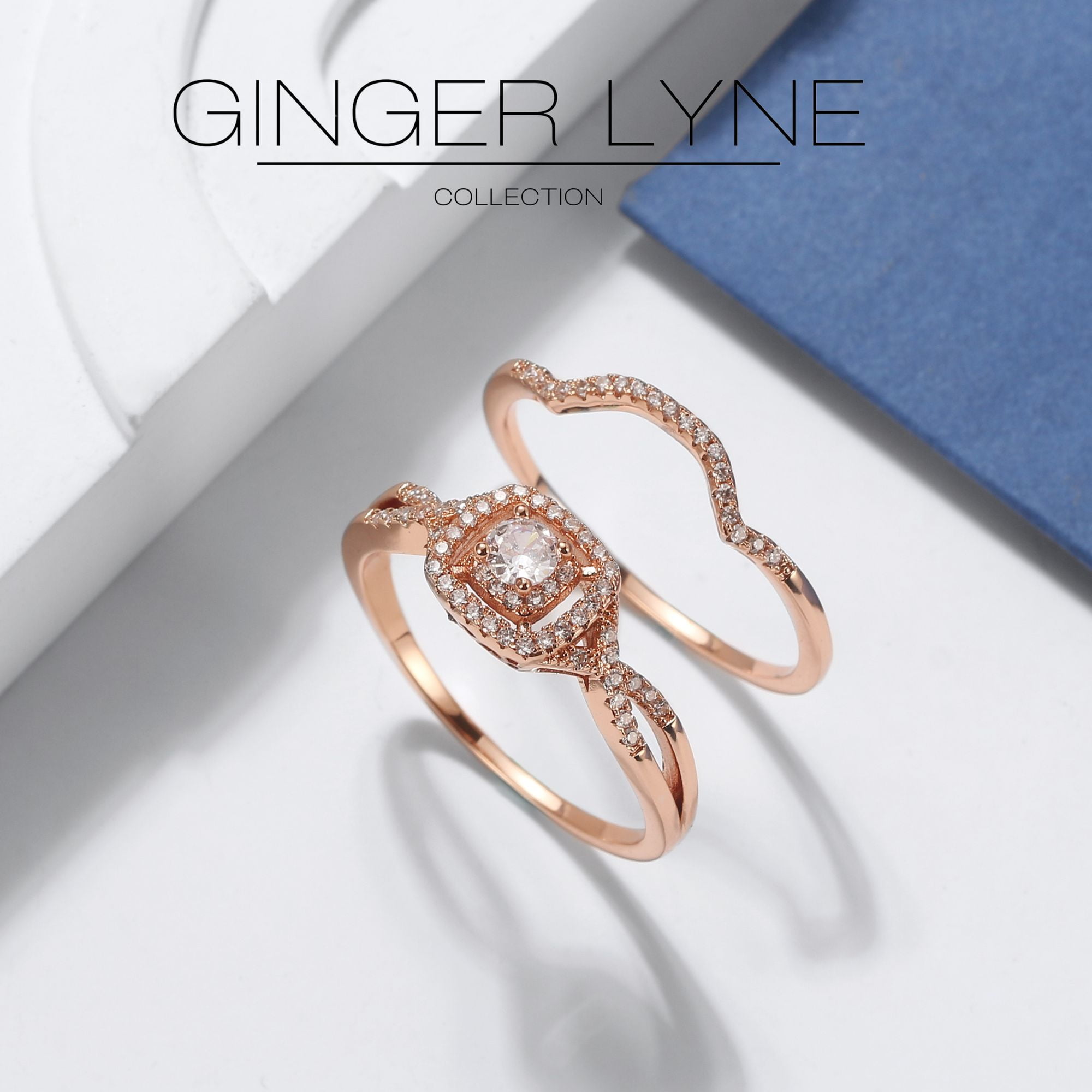 Bridal Set for Women Halo CZ Plated Gold Engagement Rings Ginger Lyne Collection