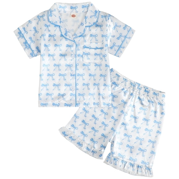 NIEWTR Toddler Baby Satin Pajamas Set Two-Piece Short Sleeve Sleepwear Summer Pjs Comfy Loungewear for Girls(Sky Blue,18-24 Months)
