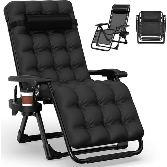 PNKKODW Zero Gravity Chair w/Removable Cushion & Cup Holder, Adjustable Lawn Recliner, 440lbs Capacity Black