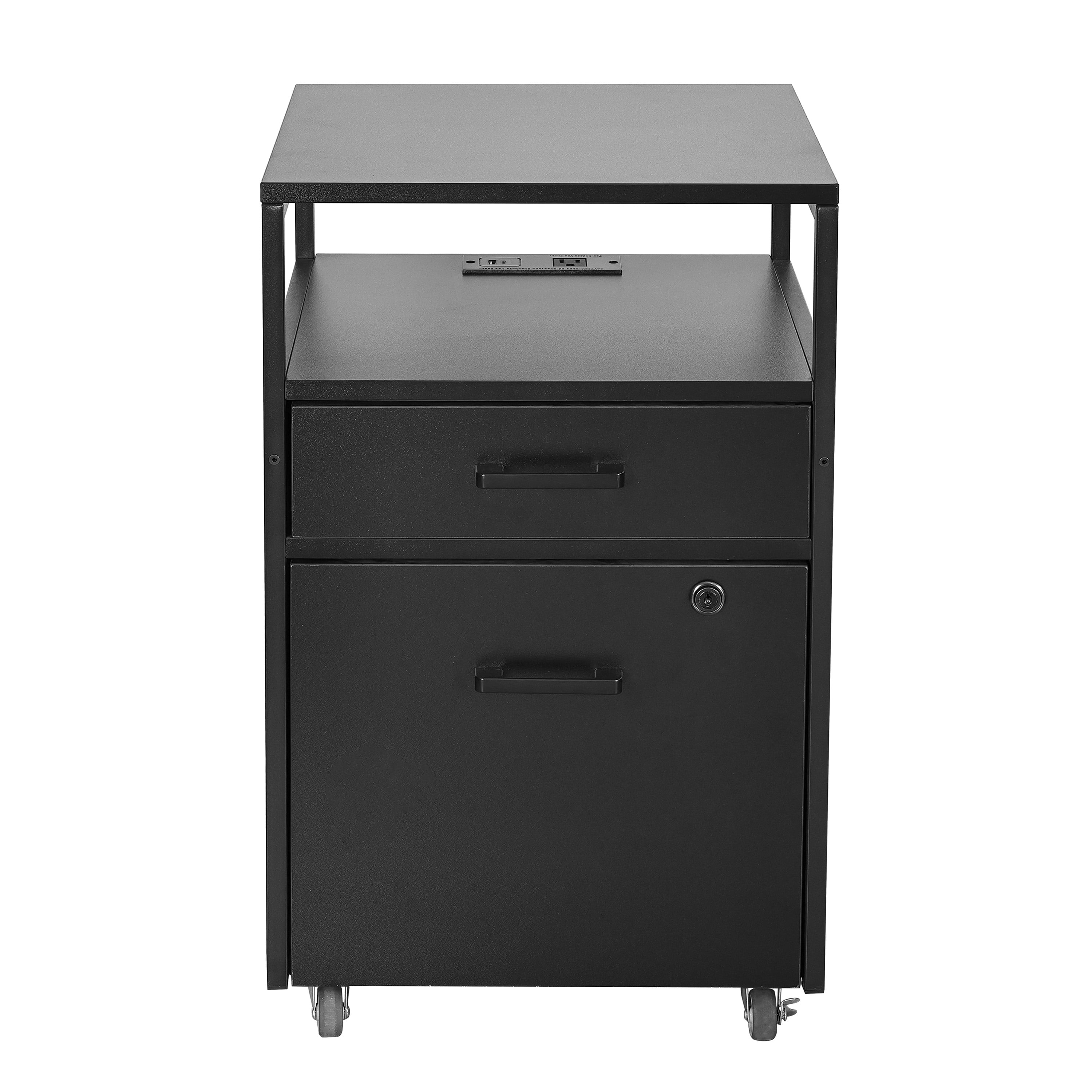 Modern 2-Drawer Rolling File Cabinet with Lock, 2 USB Ports and Power Outlet for Device Charging, Portable File Organizer or Printer Stand for Office or Home with Locking Wheels, Black