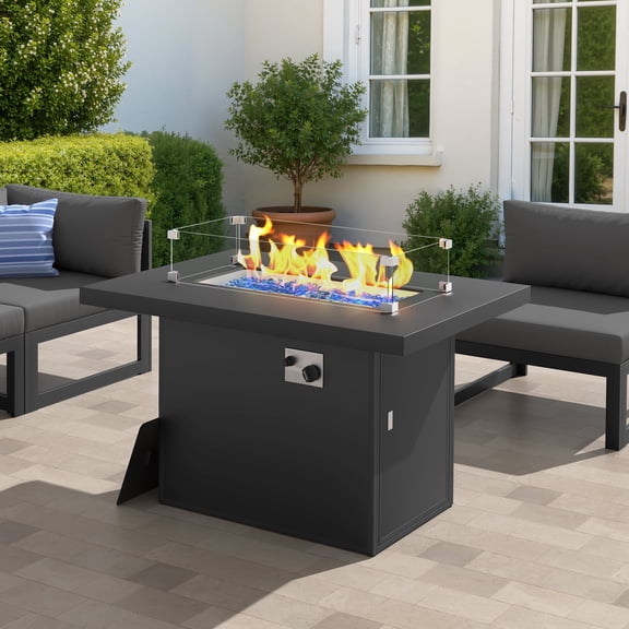 RADIATA 43" Aluminum Propane Fire Pit Table, 60,000 BTU Outdoor Gas Firepit, Rectangle CSA-Certified Patio Fireplace with Wind Guard & Glass Rocks, Rust-Proof Dark Gray Fire Table for Deck Poolside