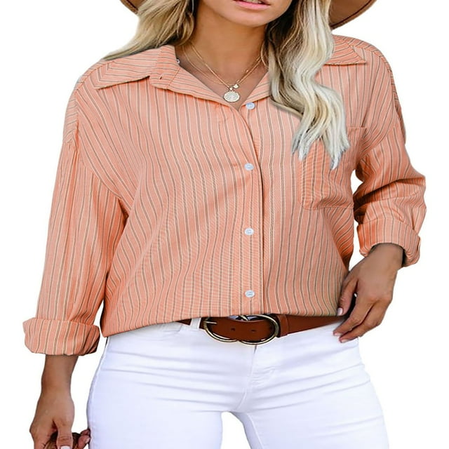 CHOK Blouse Tops pour Femmes Manches Longues Automne Rayé Imprimé Confortable Tops Chemises Décontractées Col Rabattu Léger Blouses avec Poches Bleu Ciel G