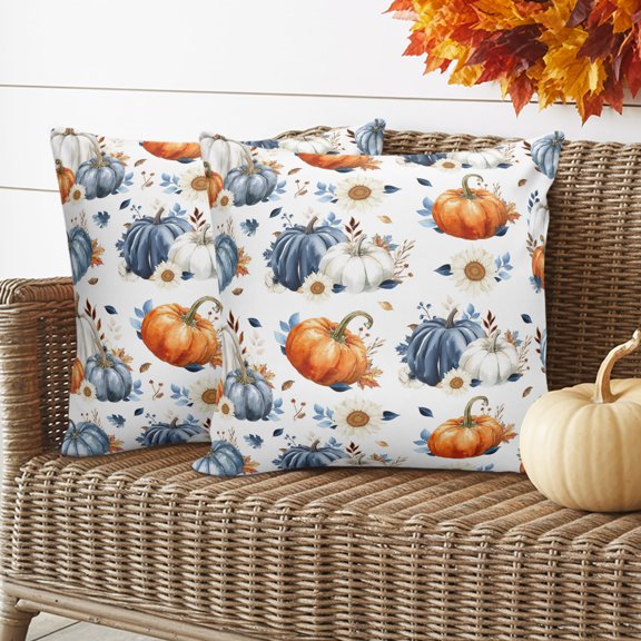 Thanksgiving Fall Outdoor Waterproof Pillow Covers Set of 2, Blue PumpkinSunflower Leaves Pillowcase Decorative Throw Cushion Cases for Patio Garden Couch 16 x 16 Inches