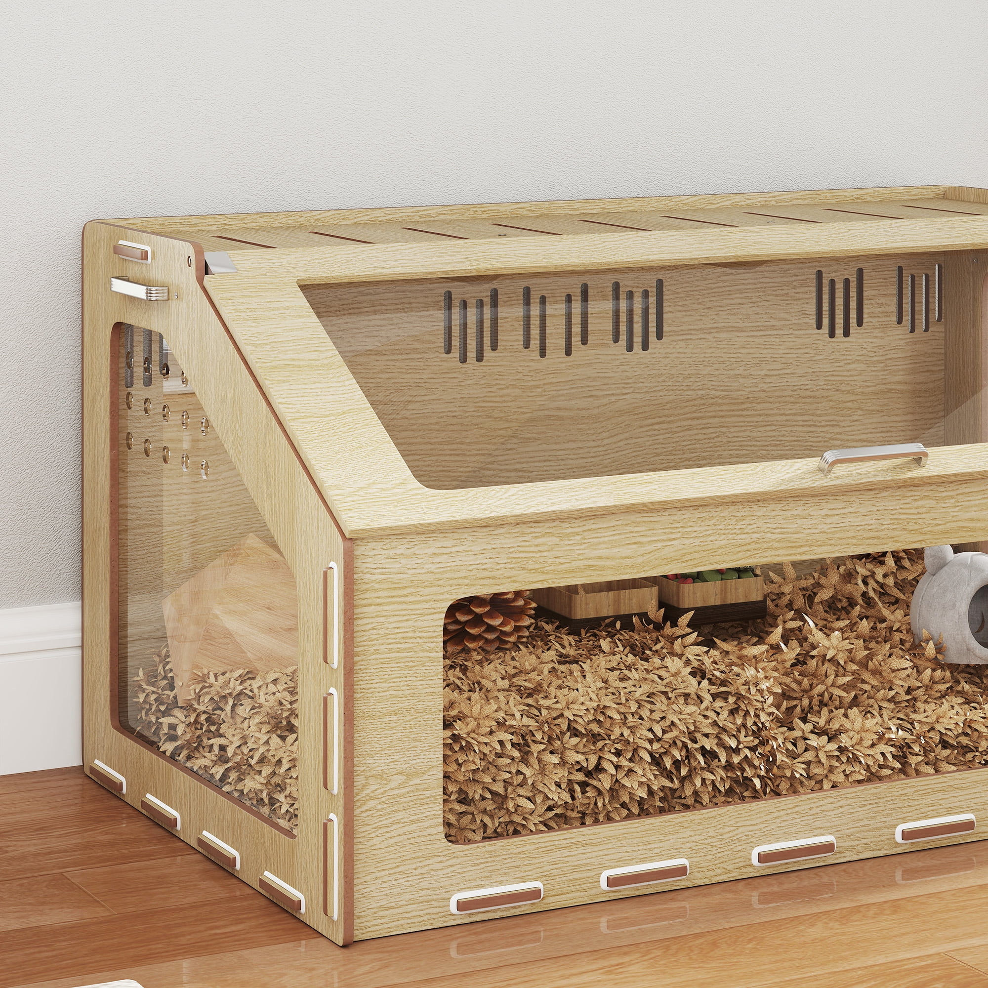 PawHut Hamster Cage Habitat with Acrylic Window & Openable Top, Small Animal Cage for Gerbil, Guinea Pig, Rat, 39" x 23" x 20", Oak