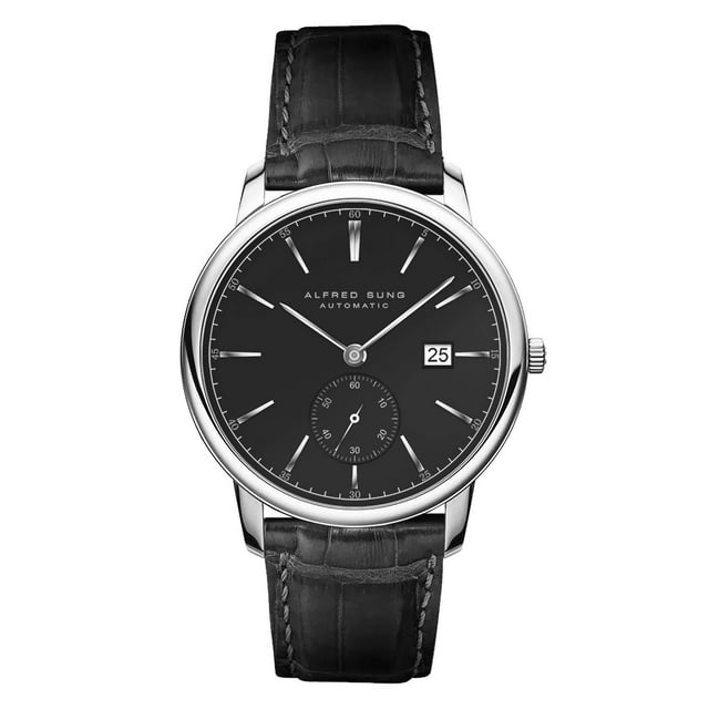 Alfred Sung Men's Automatic IV Silver Date Black Dial Leather Watch