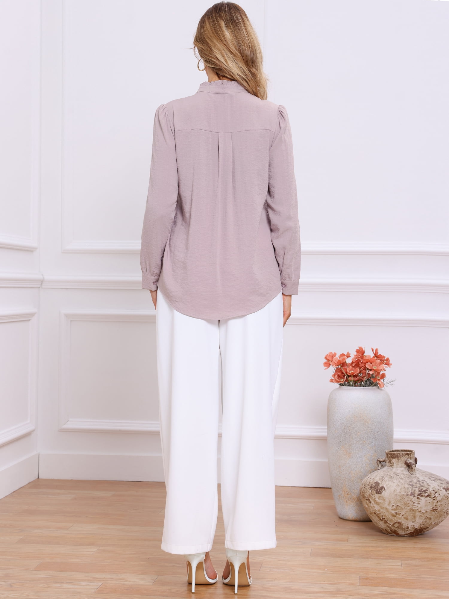 DARING DIVA Women's Long Sleeve Button Down Ruffled Collar Pleated Trim Top XS Grey Pink