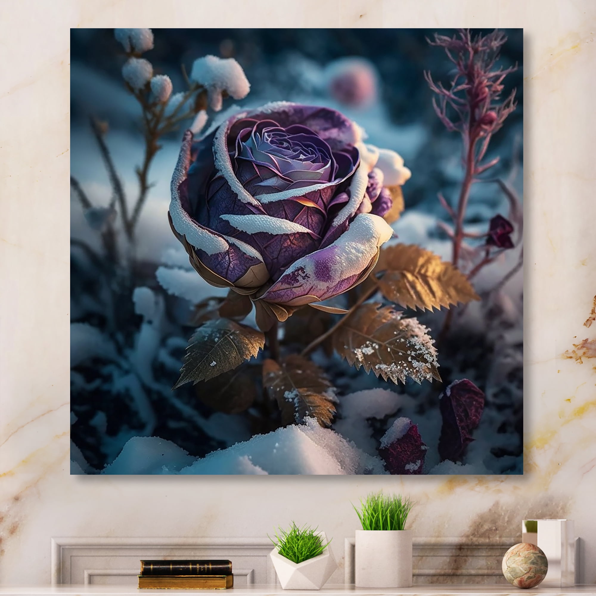 Designart A Blooming Purple Roses Flower In Winter Canvas Wall Art