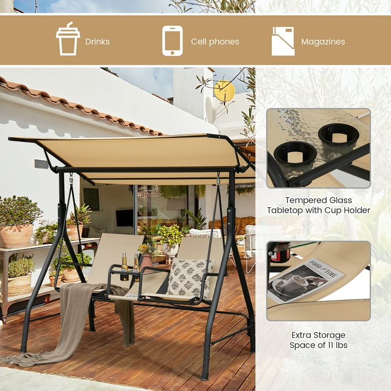 Costway 2 Seat Outdoor Patio Swing Adjustable Canopy Tempered