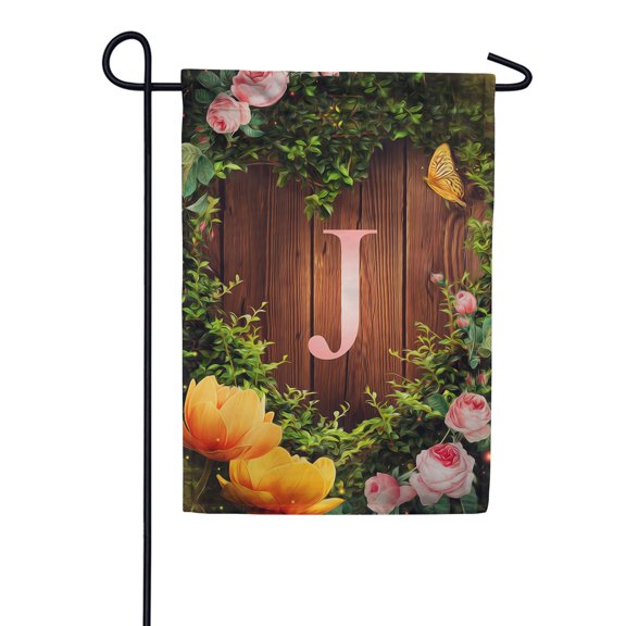 America Forever Spring Monogram Garden Flag Letter J 12.5 x 18 inches Double Sided Vertical Outdoor, Yard, Lawn, Seasonal Decorative Beautiful Flowers, Garden, Summer Butterfly Garden Flag