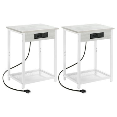 Nightstand End Table with Charging Station White, Set of 2