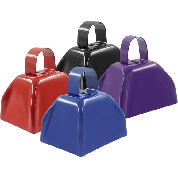 4-pack of 3-inch metal cowbells for making loud noises, hand-beaten cowbells are perfect for football games, parties, and team spirit.,Multicolor