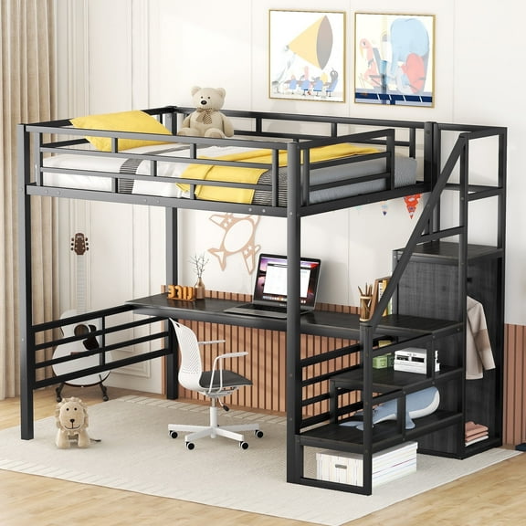 Kumix Full Size Loft Bed with Desk, Metal Loft Bed with Storage Staircase and Small Wardrobe for Teens, Multifunctional Loft Bed with Ladder and Guardrails, Space-Saving, Black