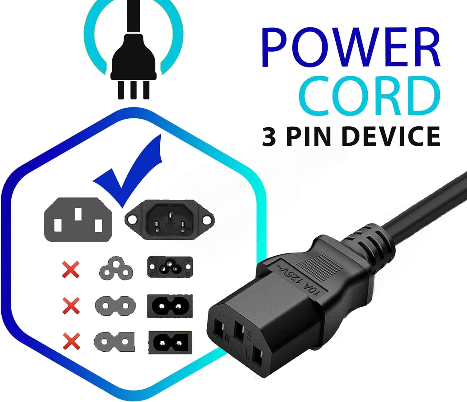 Standard 5FT 3 Prong Power Cord High Quality Universal US Power Cable For Electronics, TV, Computer, Appliance
